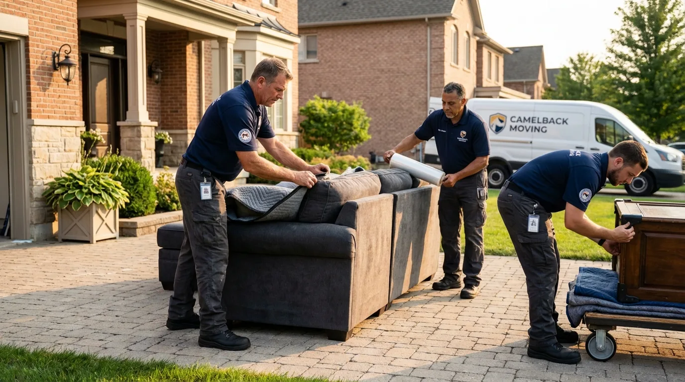 Large estate moving crew wrapping furniture in East Providence, RI
