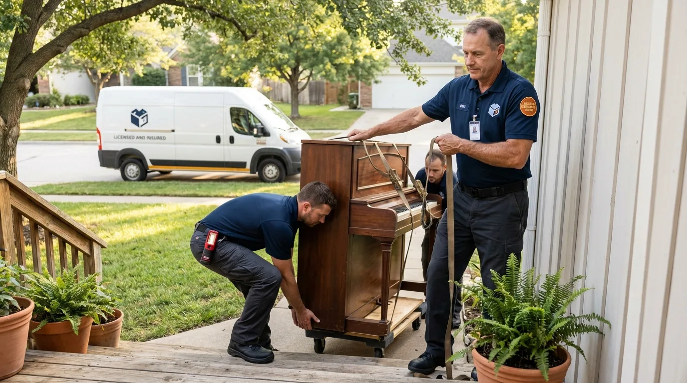 Licensed piano movers securing grand piano in East Providence, RI