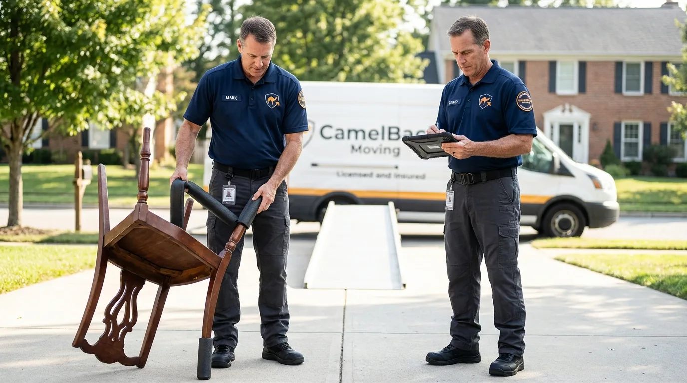 Movers inspecting furniture for damage prevention before loading in East Providence, RI