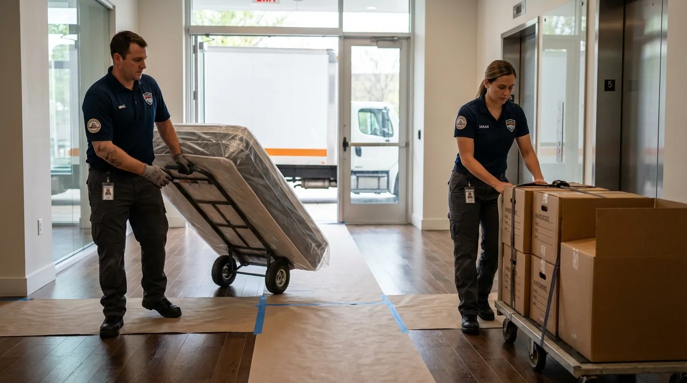 Professional apartment movers loading elevator in East Providence, RI