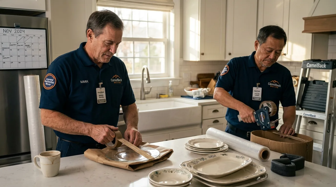 Professional crew packing kitchen dishware in East Providence, RI